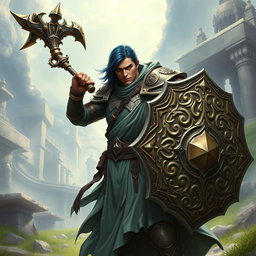 A male aasimar cleric, showcasing his striking bronze skin, rich dark blue hair, and captivating ghostly green eyes, stands heroically, wielding an intricately designed flail and a robust shield