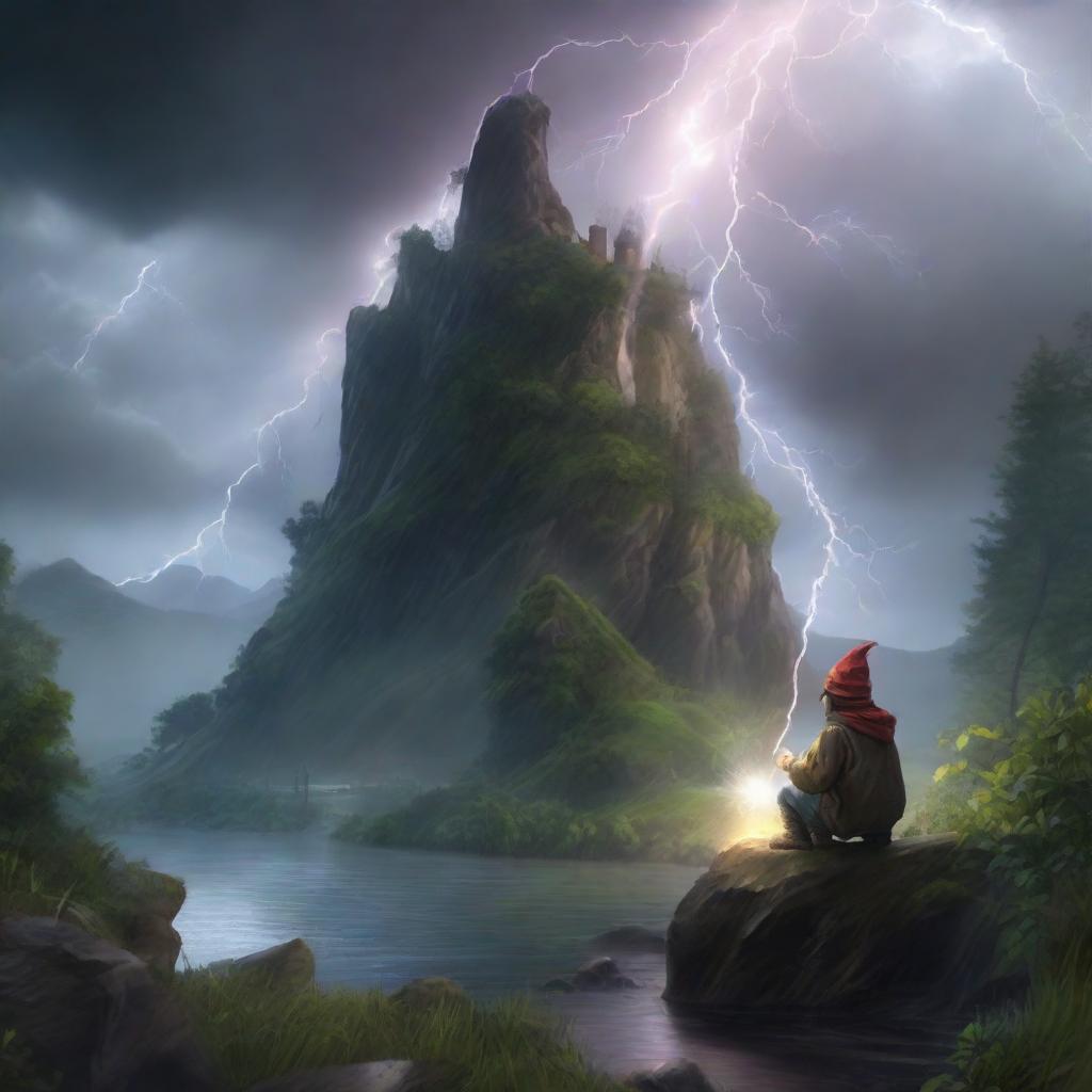 Bring to life an extraordinarily beautiful, hyper-realistic scene of a rainstorm on a mystical hill. Amidst the drama of nature, lightning subtly reveals a hidden creature and a gnome by the river, creating an ethereal beauty amidst the lush greenery.