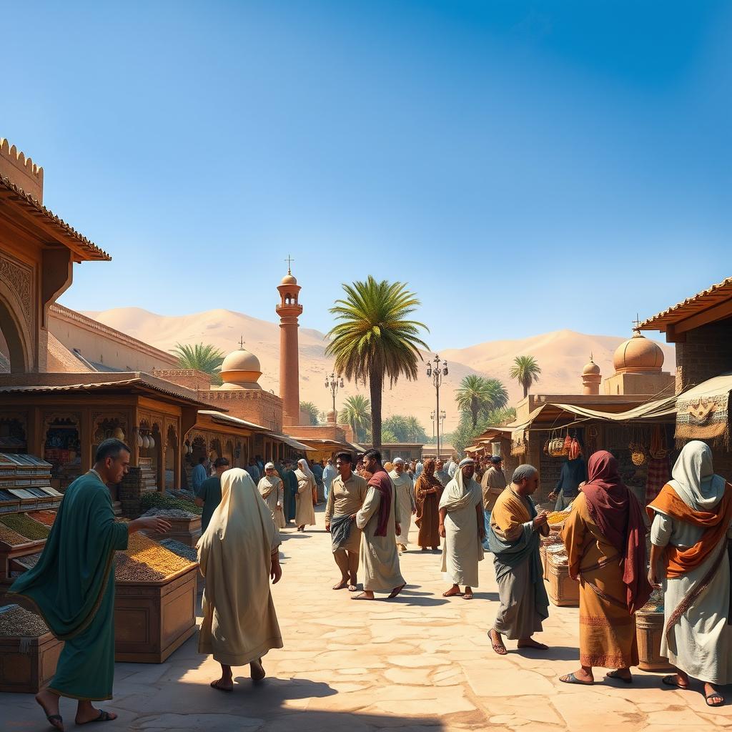 A historical depiction of the time of the Prophet Muhammad and the Imams, showcasing a vibrant marketplace in ancient Arabia