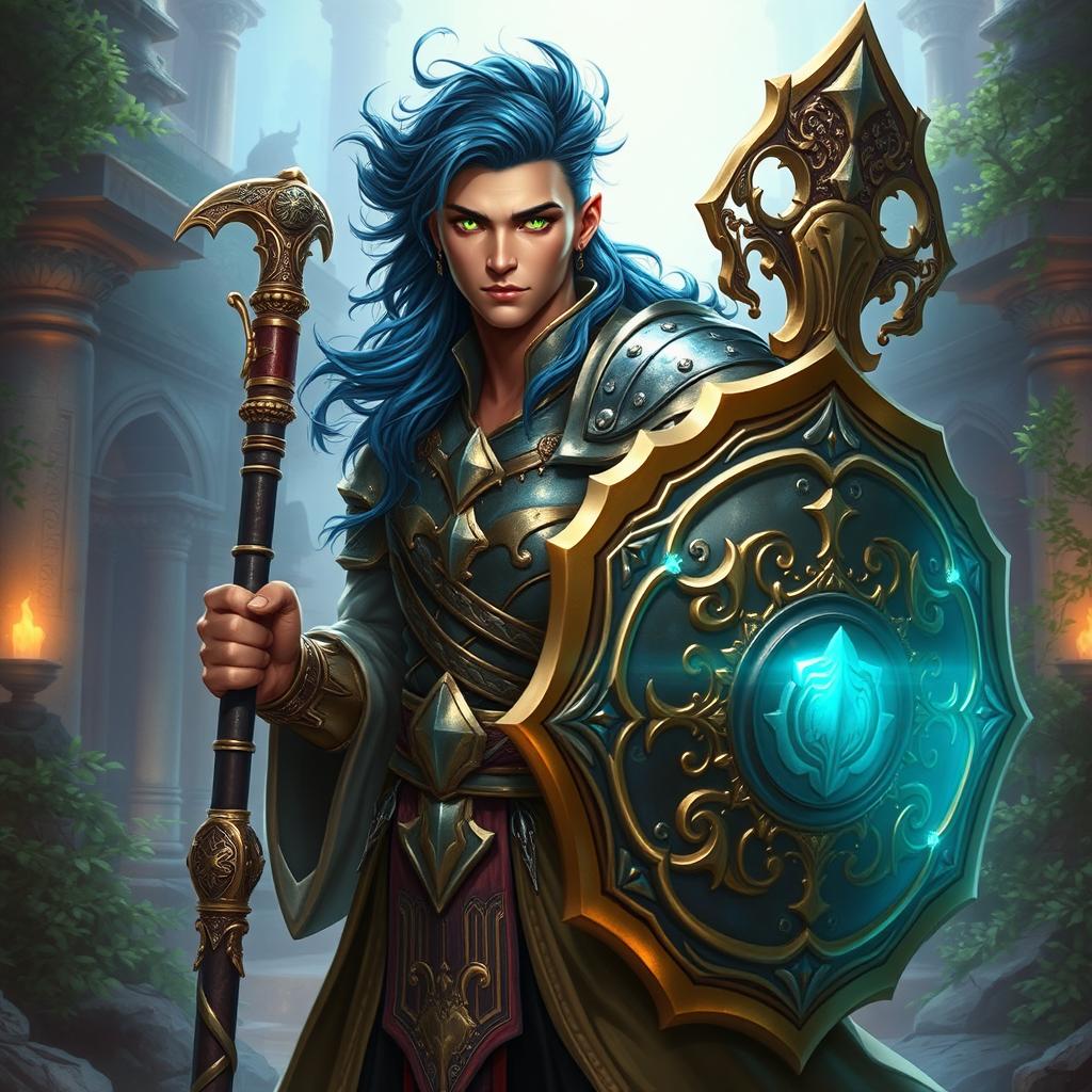 A male aasimar cleric with brilliant bronze skin, flowing dark blue hair that cascades around his shoulders, and mesmerizing ghostly green eyes stands proudly, wielding a majestic flail and a beautifully crafted shield