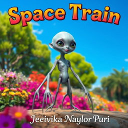 A fantastical scene featuring a 17-year-old alien girl, who is grey, bald, and possesses five legs