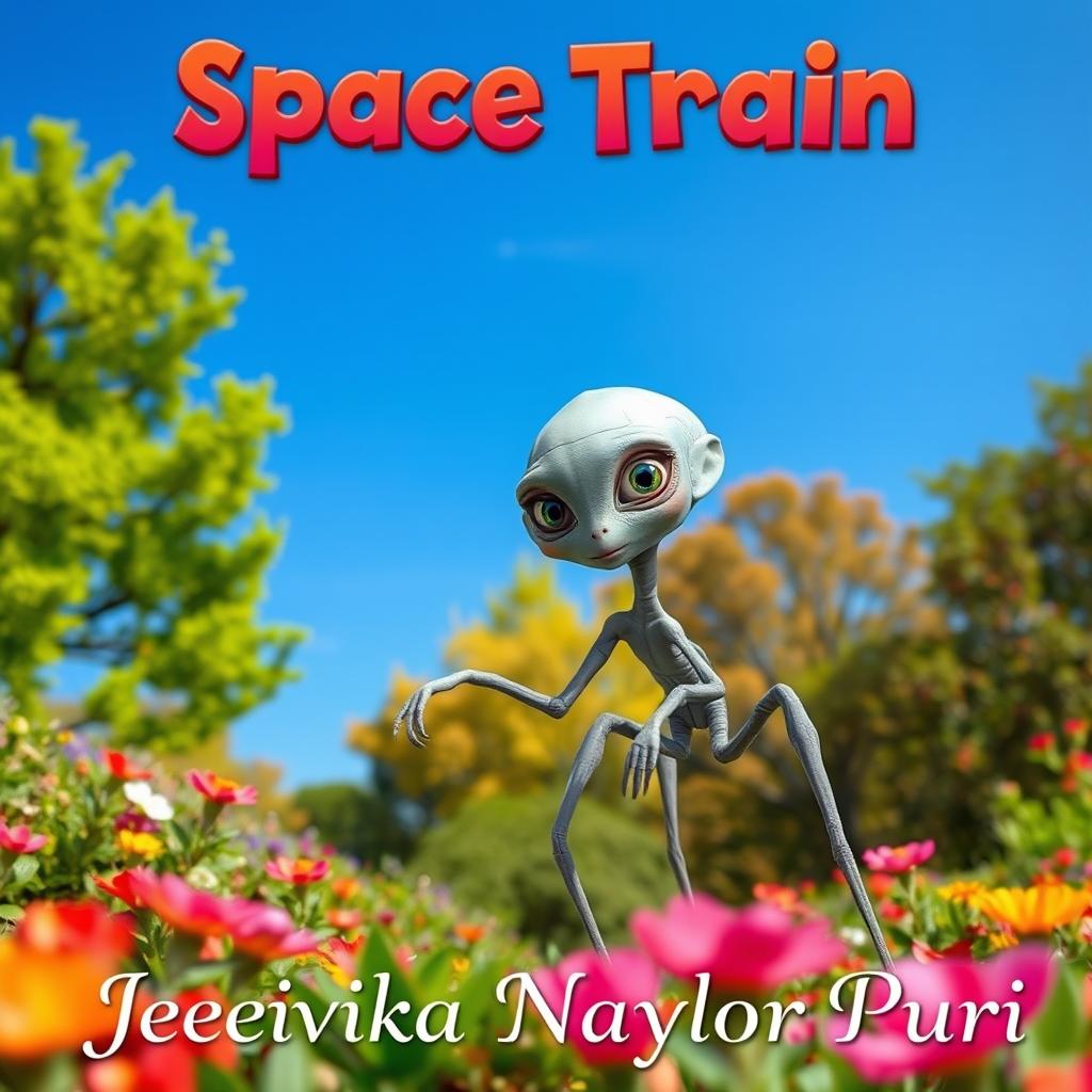 A fantastical scene featuring a 17-year-old alien girl, who is grey, bald, and possesses five legs