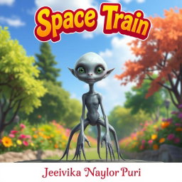 A fantastical scene featuring a 17-year-old alien girl, who is grey, bald, and possesses five legs