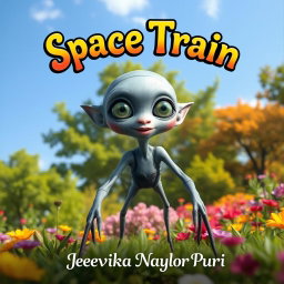 A fantastical scene featuring a 17-year-old alien girl, who is grey, bald, and possesses five legs