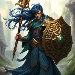 A male aasimar cleric with a stunning bronze skin tone, dark blue hair that flows majestically, and striking ghostly green eyes stands poised for battle