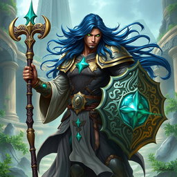 A male aasimar cleric with a stunning bronze skin tone, dark blue hair that flows majestically, and striking ghostly green eyes stands poised for battle
