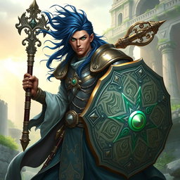 A male aasimar cleric with a stunning bronze skin tone, dark blue hair that flows majestically, and striking ghostly green eyes stands poised for battle