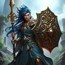 A male aasimar cleric with a stunning bronze skin tone, dark blue hair that flows majestically, and striking ghostly green eyes stands poised for battle
