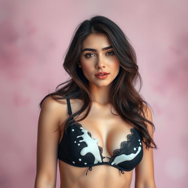 An alluring Iranian girl with soft pink skin, wearing a black bra adorned with splashes of milk