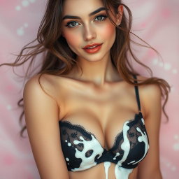 An alluring Iranian girl with soft pink skin, wearing a black bra adorned with splashes of milk