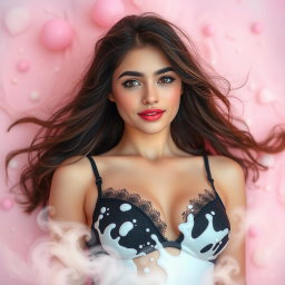 An alluring Iranian girl with soft pink skin, wearing a black bra adorned with splashes of milk