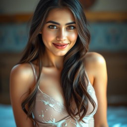 A beautiful Iranian girl with fair, rosy skin, wearing a sheer bra delicately highlighted with splashes of milk