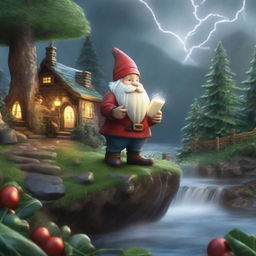 Forge an extraordinarily beautiful, hyper-realistic scene of a mystical hill during a rainstorm. Lightning unveils a hidden creature and a Christmas gnome joyfully drinking by the river, all amidst the lush greenery, instilling a touch of festive charm.