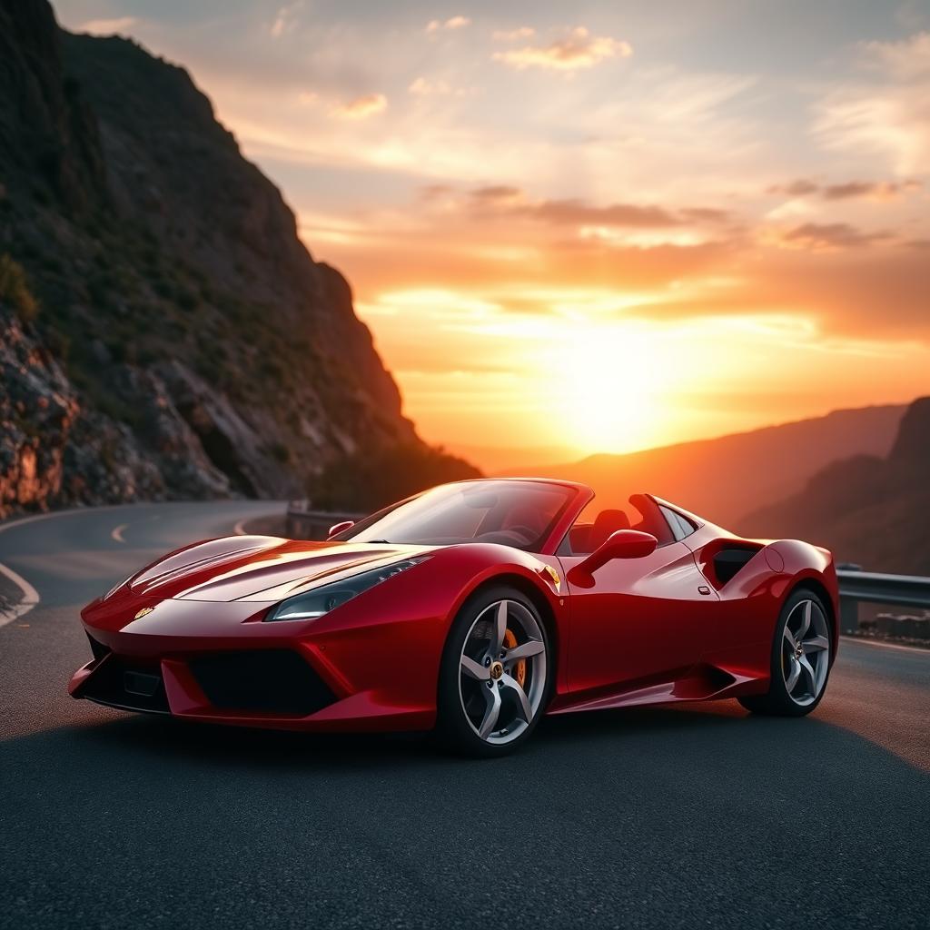 A sleek sports car parked on a winding mountain road during sunset, with picturesque scenery in the background