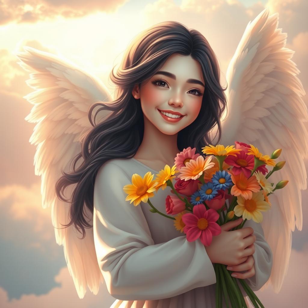 A beautiful angel with white skin and black hair, radiating love and beauty