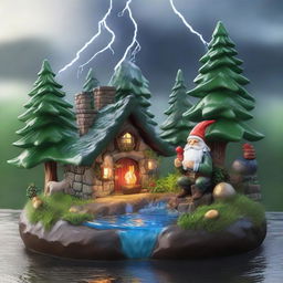 Forge an extraordinarily beautiful, hyper-realistic scene of a mystical hill during a rainstorm. Lightning unveils a hidden creature and a Christmas gnome joyfully drinking by the river, all amidst the lush greenery, instilling a touch of festive charm.