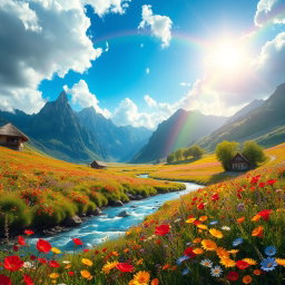 A stunning fantasy landscape featuring a vibrant and lush valley nestled between majestic mountains