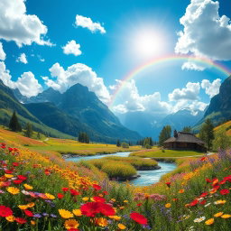A stunning fantasy landscape featuring a vibrant and lush valley nestled between majestic mountains