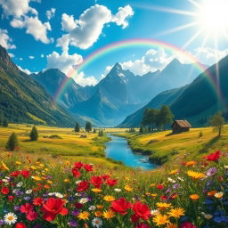 A stunning fantasy landscape featuring a vibrant and lush valley nestled between majestic mountains