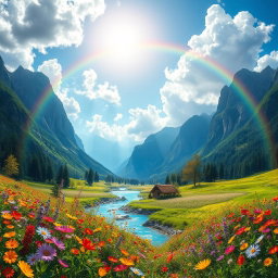 A stunning fantasy landscape featuring a vibrant and lush valley nestled between majestic mountains