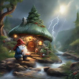 Forge an extraordinarily beautiful, hyper-realistic scene of a mystical hill during a rainstorm. Lightning unveils a hidden creature and a Christmas gnome joyfully drinking by the river, all amidst the lush greenery, instilling a touch of festive charm.