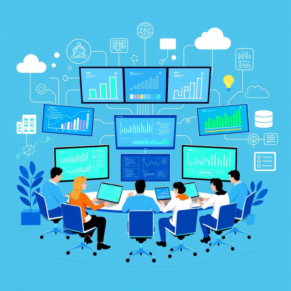 An engaging visual representation of information systems, featuring a modern workspace with multiple screens displaying data analytics, network connections, and digital graphs