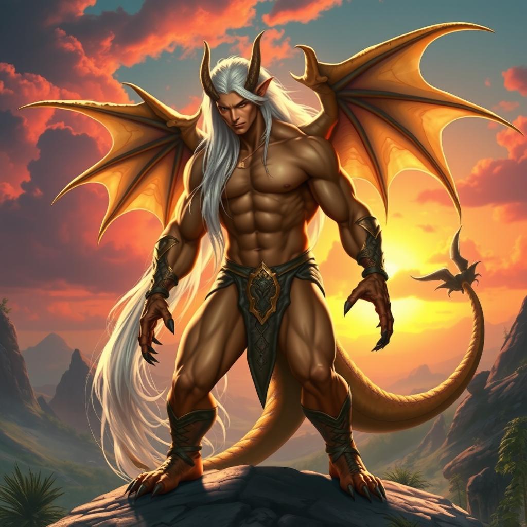 A mythical creature that is half dragon, half man, depicted in a dynamic pose