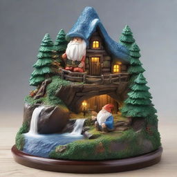 Forge an extraordinarily beautiful, hyper-realistic scene of a mystical hill during a rainstorm. Lightning unveils a hidden creature and a Christmas gnome joyfully drinking by the river, all amidst the lush greenery, instilling a touch of festive charm.