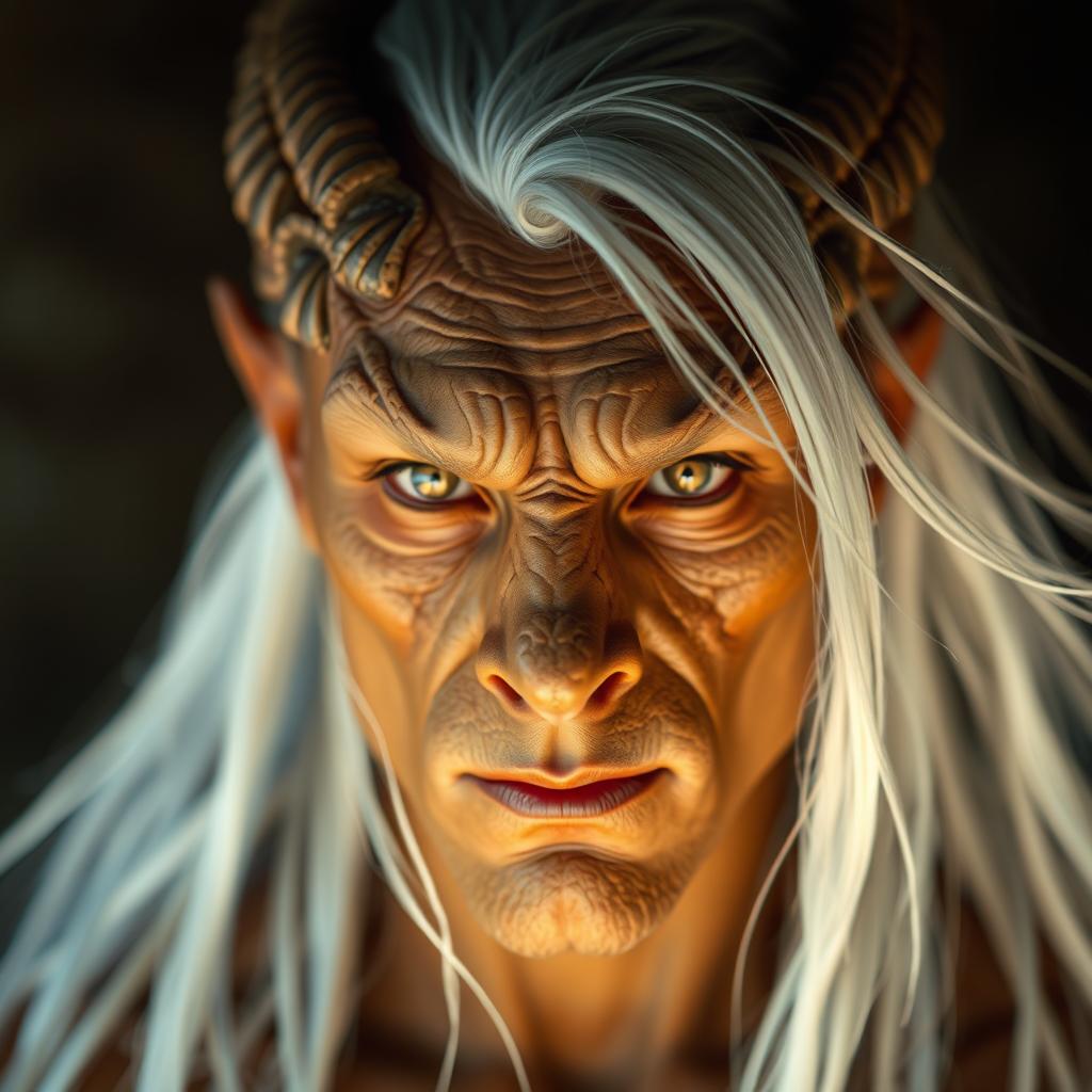 A captivating portrait of a half dragon, half man creature, featuring tan skin and striking long white hair
