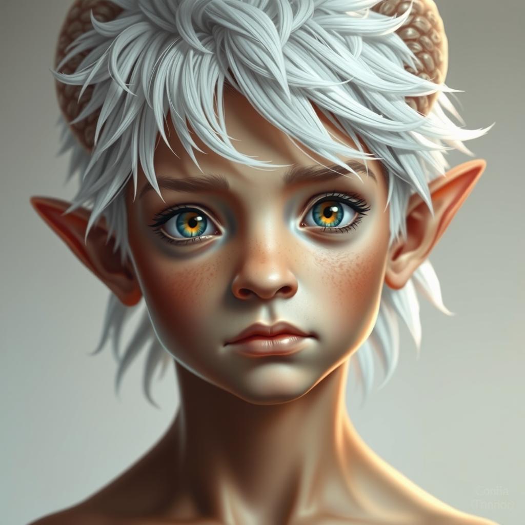 A striking portrait of a young half dragon, half man creature with tan skin and vibrant white hair