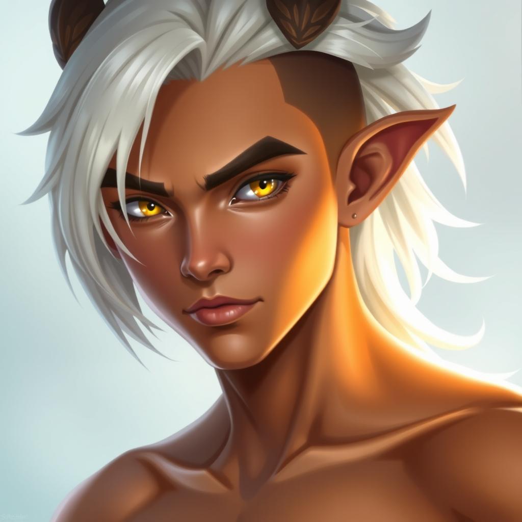 A vivid portrait of a young adult half dragon, half man, showcasing tan skin and flowing white hair