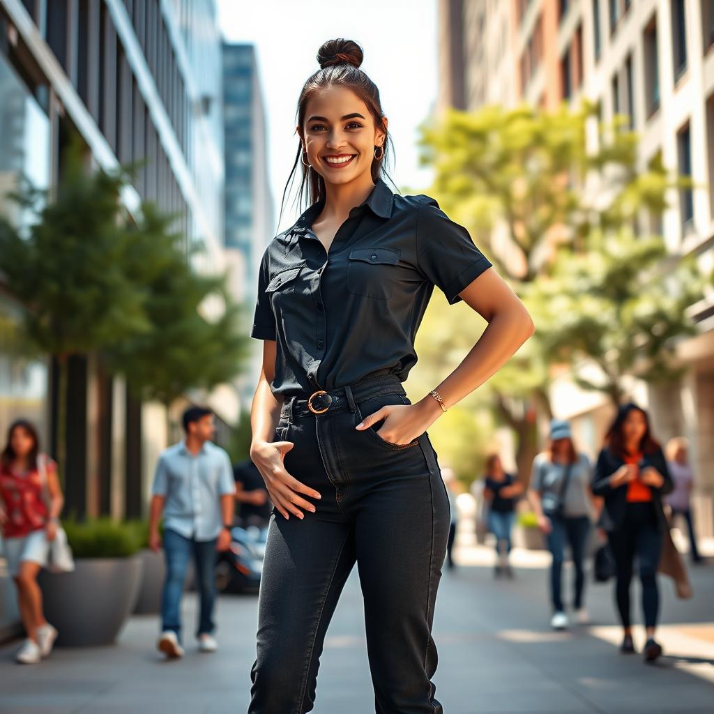 A fashionable young woman wearing a complete black shirt, high-waisted jeans, and stylish sneakers