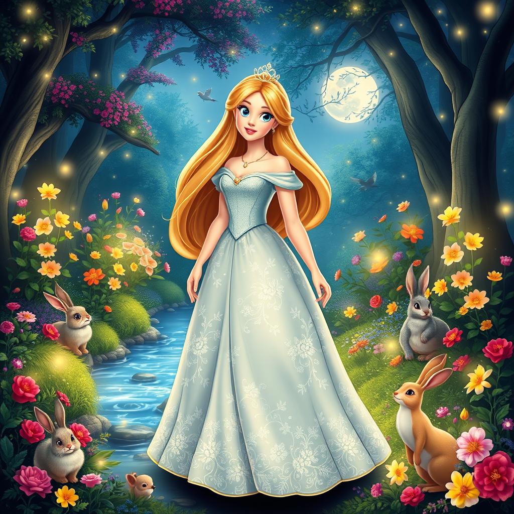 A Disney princess standing in an enchanting enchanted forest, wearing an elegant gown adorned with delicate floral patterns
