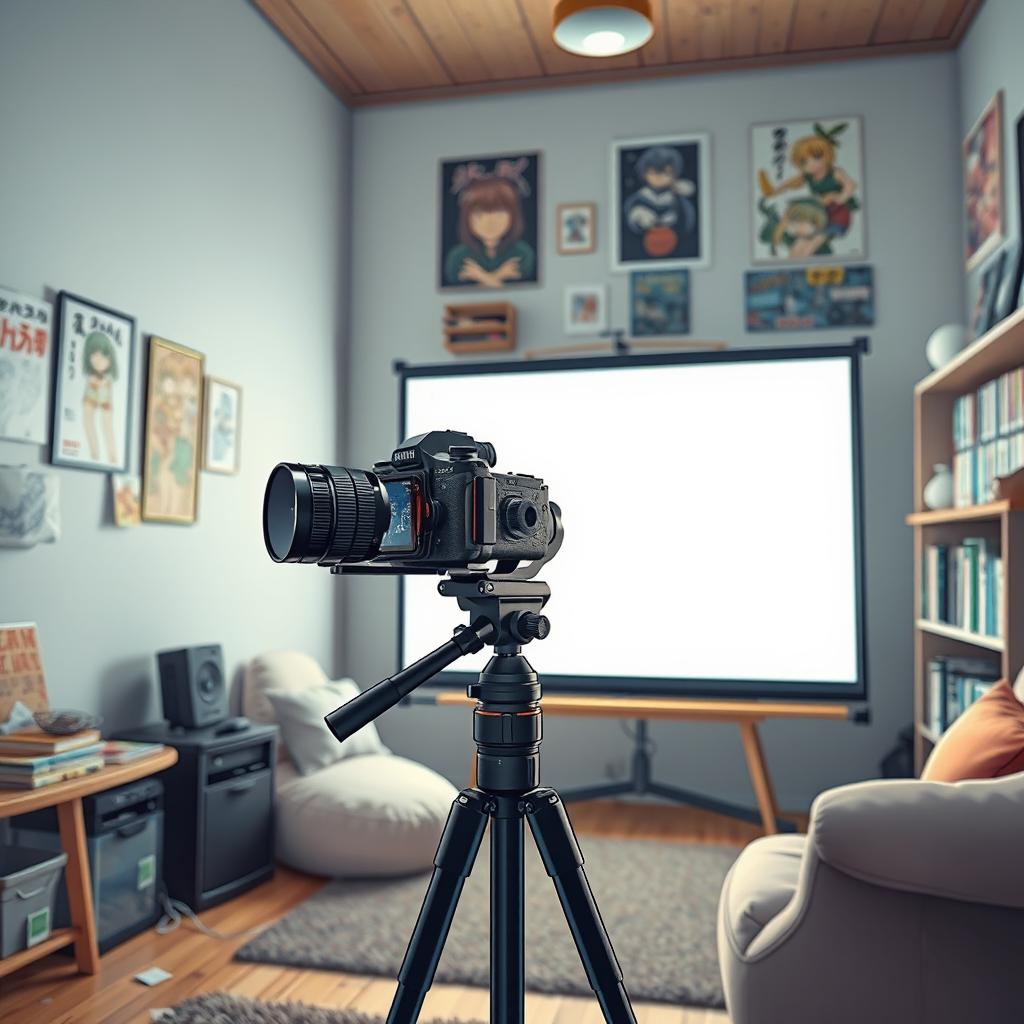 A stylish camera mounted on a sturdy tripod positioned in a cozy corner of a room, perfectly aimed at a large, bright white screen