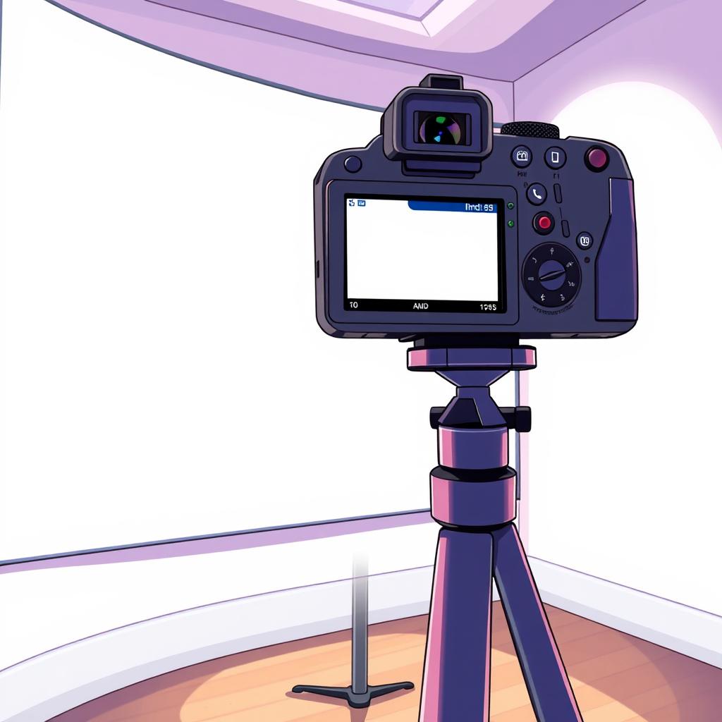 A camera mounted on a tripod positioned in a corner, capturing footage of a large white screen