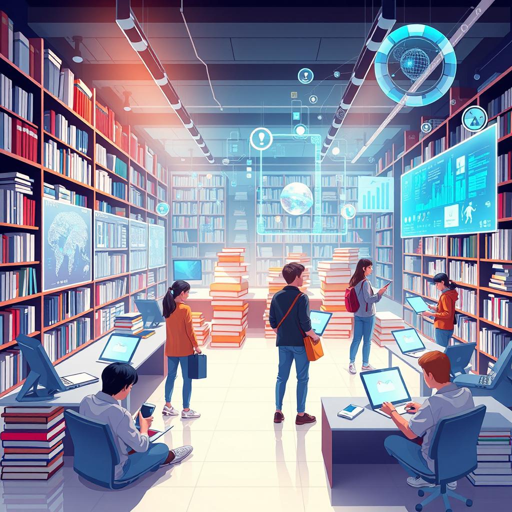 An illustrative depiction of emerging technologies within a university setting, showcasing advanced information retrieval systems