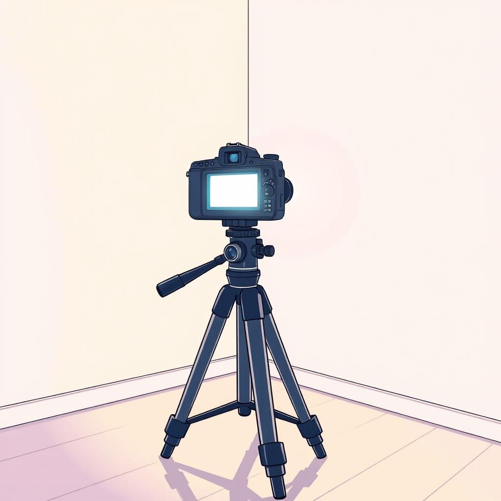 A vivid anime-style illustration depicting a camera mounted on a tripod positioned in the corner of a room