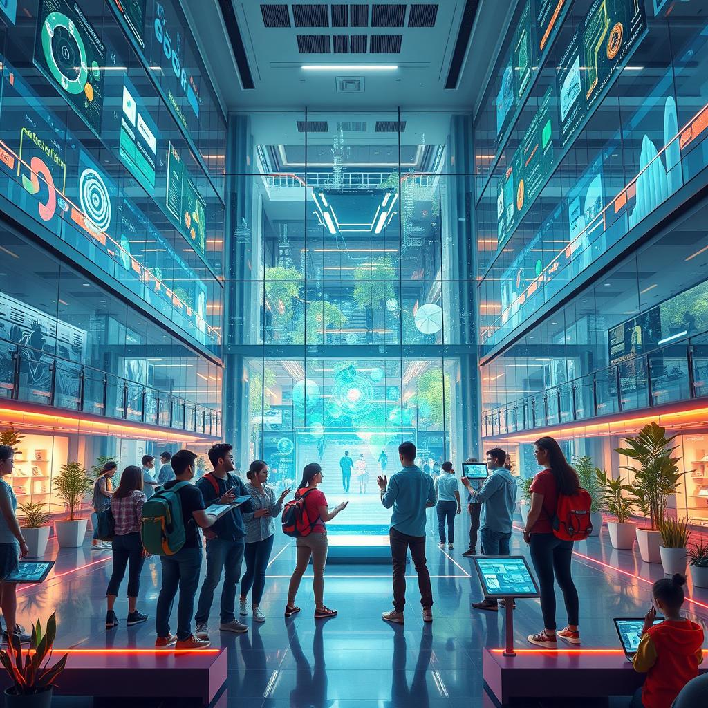 A captivating and futuristic scene depicting emerging technologies in education, showcasing a high-tech university environment