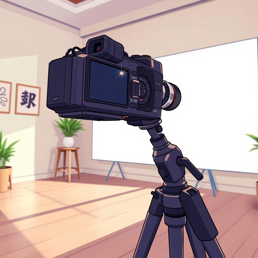 A camera on a sturdy tripod positioned in the corner of a spacious room, focused on a large white screen that is blank