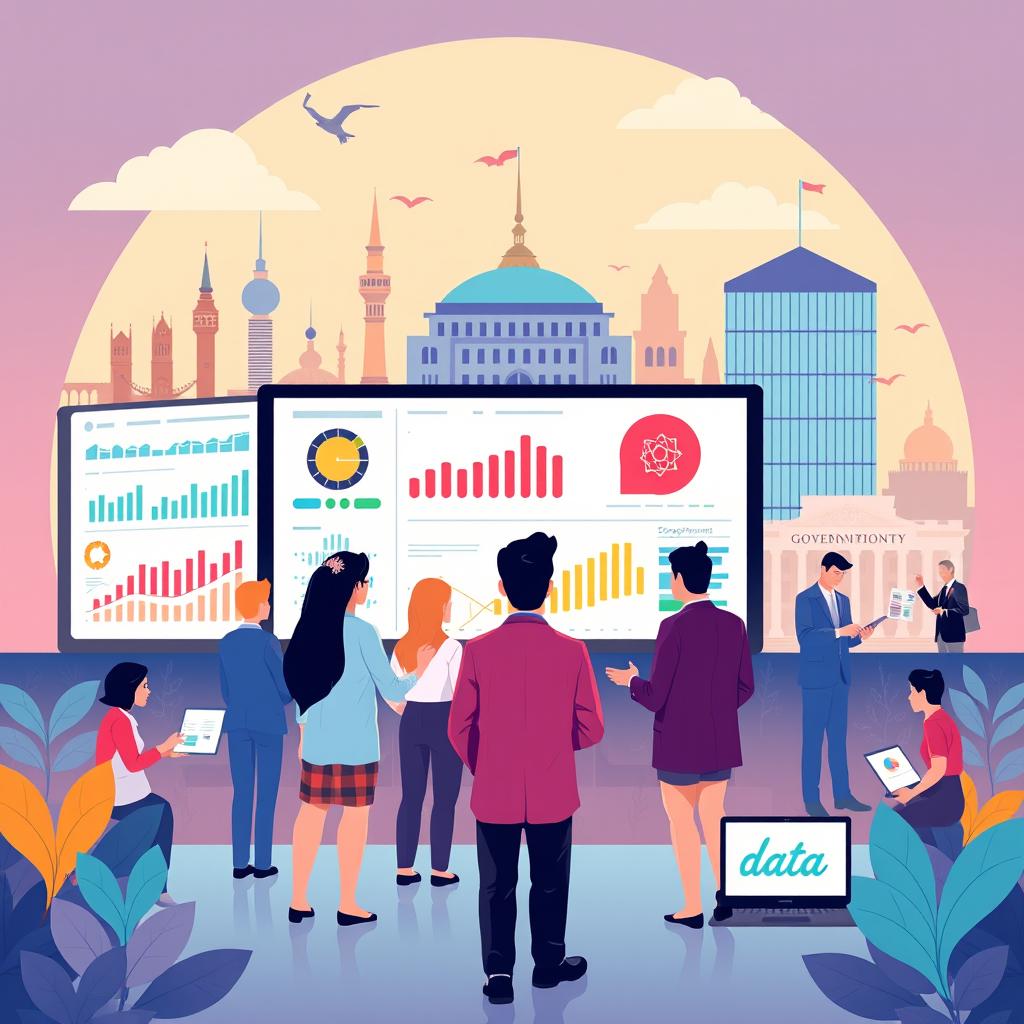 An insightful and creative illustration highlighting the importance of data in the governmental, tourism, and university sectors