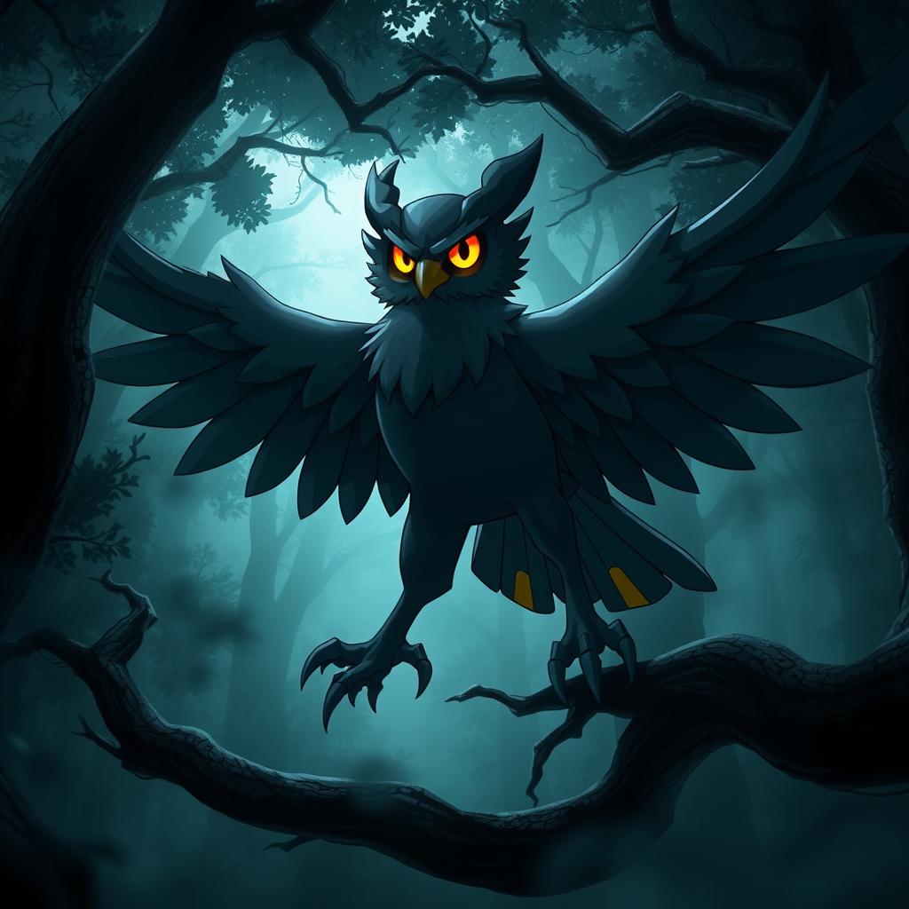 A dark type Pokémon that resembles an owl, living in the depths of an ancient forest, with striking dark feathers blending into the shadows