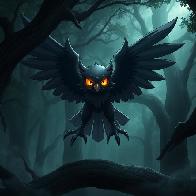 A dark type Pokémon that resembles an owl, living in the depths of an ancient forest, with striking dark feathers blending into the shadows