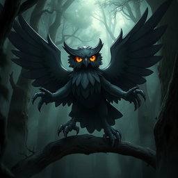 A dark type Pokémon that resembles an owl, living in the depths of an ancient forest, with striking dark feathers blending into the shadows