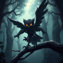 A dark type Pokémon that resembles an owl, living in the depths of an ancient forest, with striking dark feathers blending into the shadows