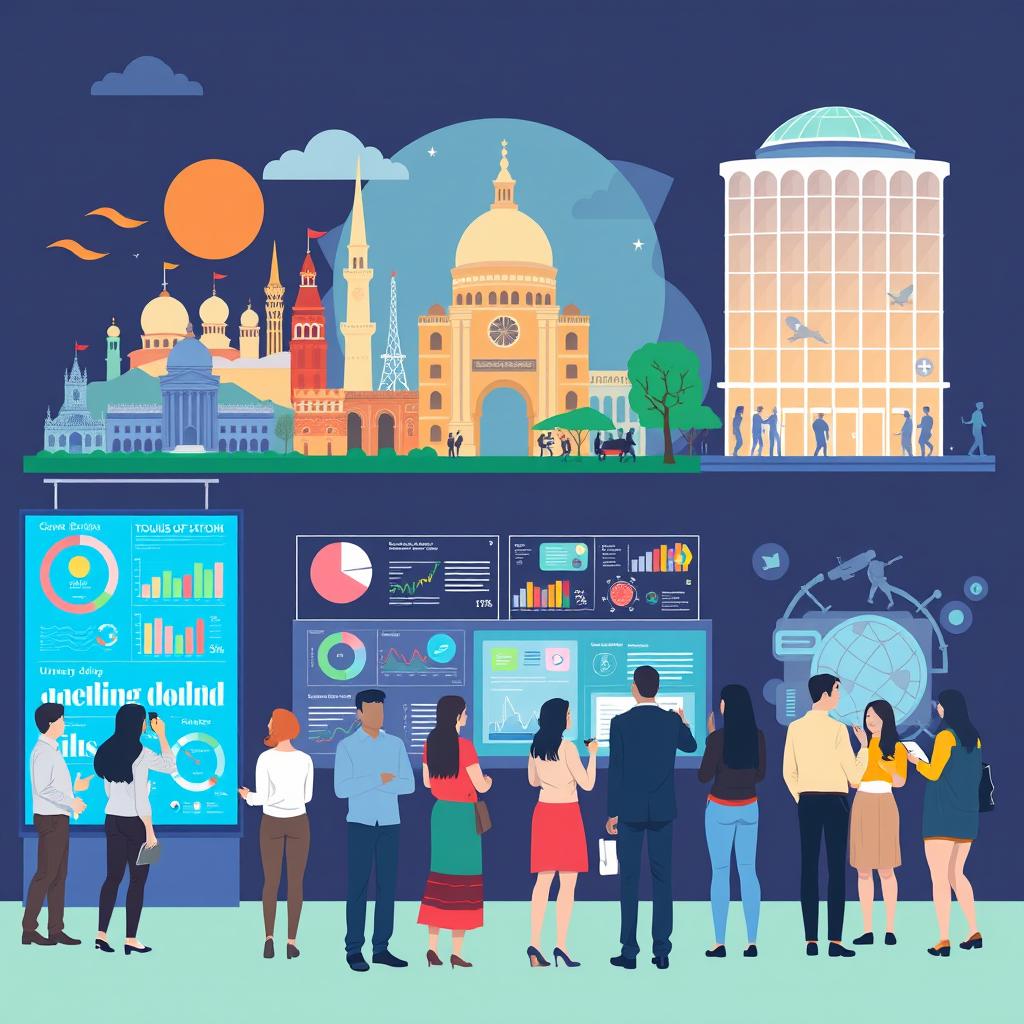 An engaging and informative illustration showcasing the significance of data in the governmental, tourism, and university sectors