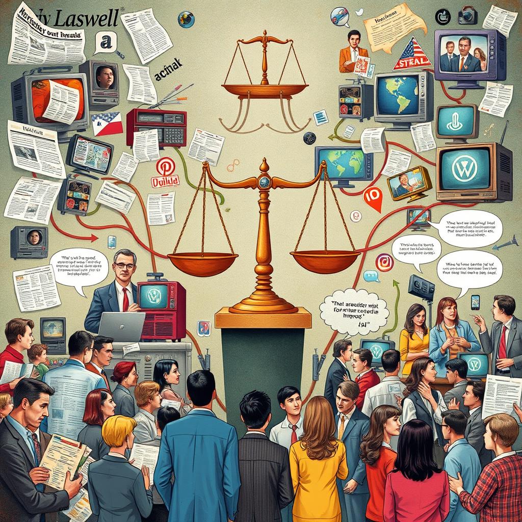 An intricate and thought-provoking illustration representing Harold Lasswell's propaganda theory