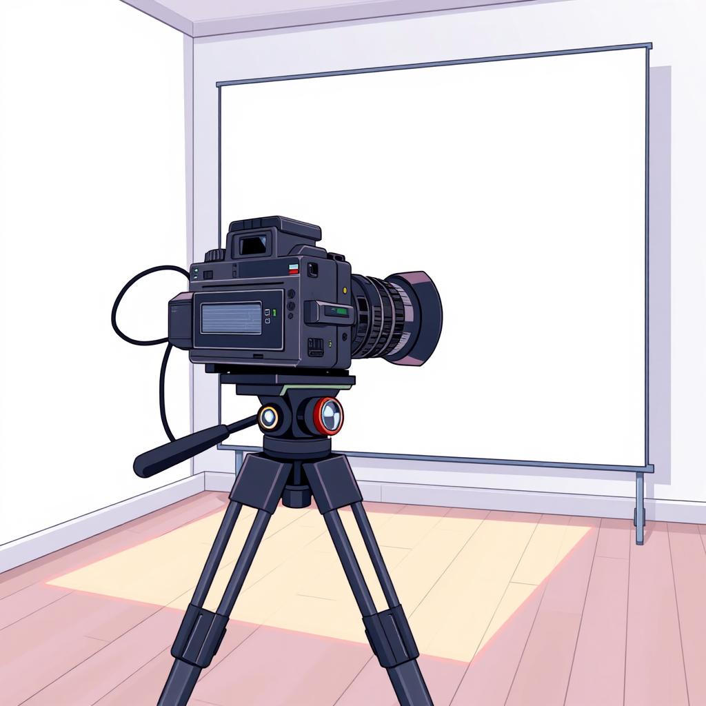 A high-quality anime-style illustration of a camera on a tripod positioned in the corner of a bright room, filming a large, bright white screen