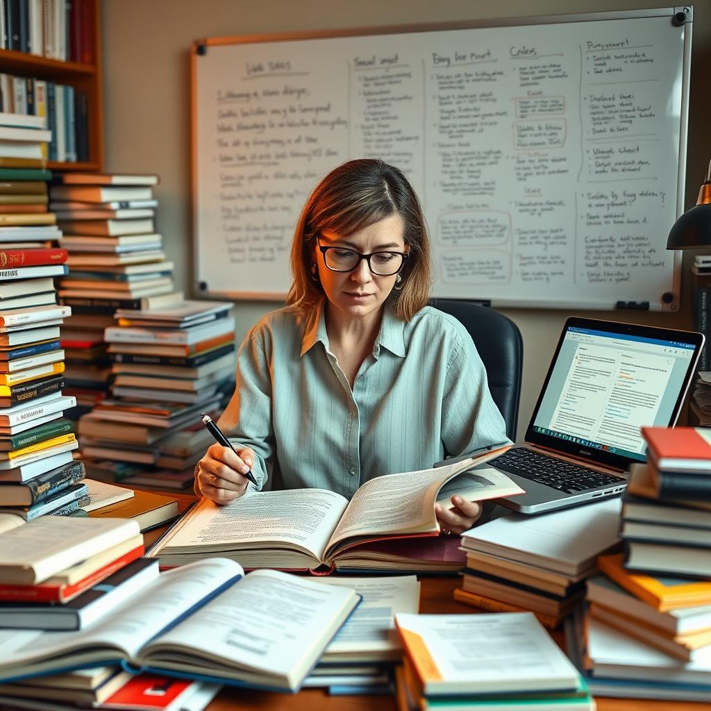 A focused researcher sitting at a cluttered desk, immersed in a systematic literature review process