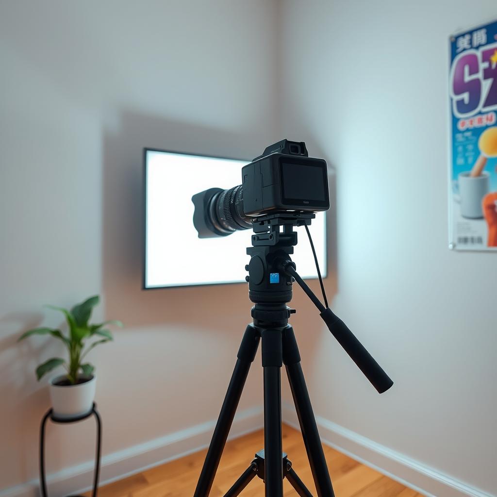 A well-lit corner of a room featuring a professional camera mounted on a sturdy tripod, capturing a bright white screen