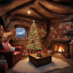 Hyper-realistic, architectural-style photography of a merry Christmas themed cave interior, featuring breathtaking details and divine lighting. 